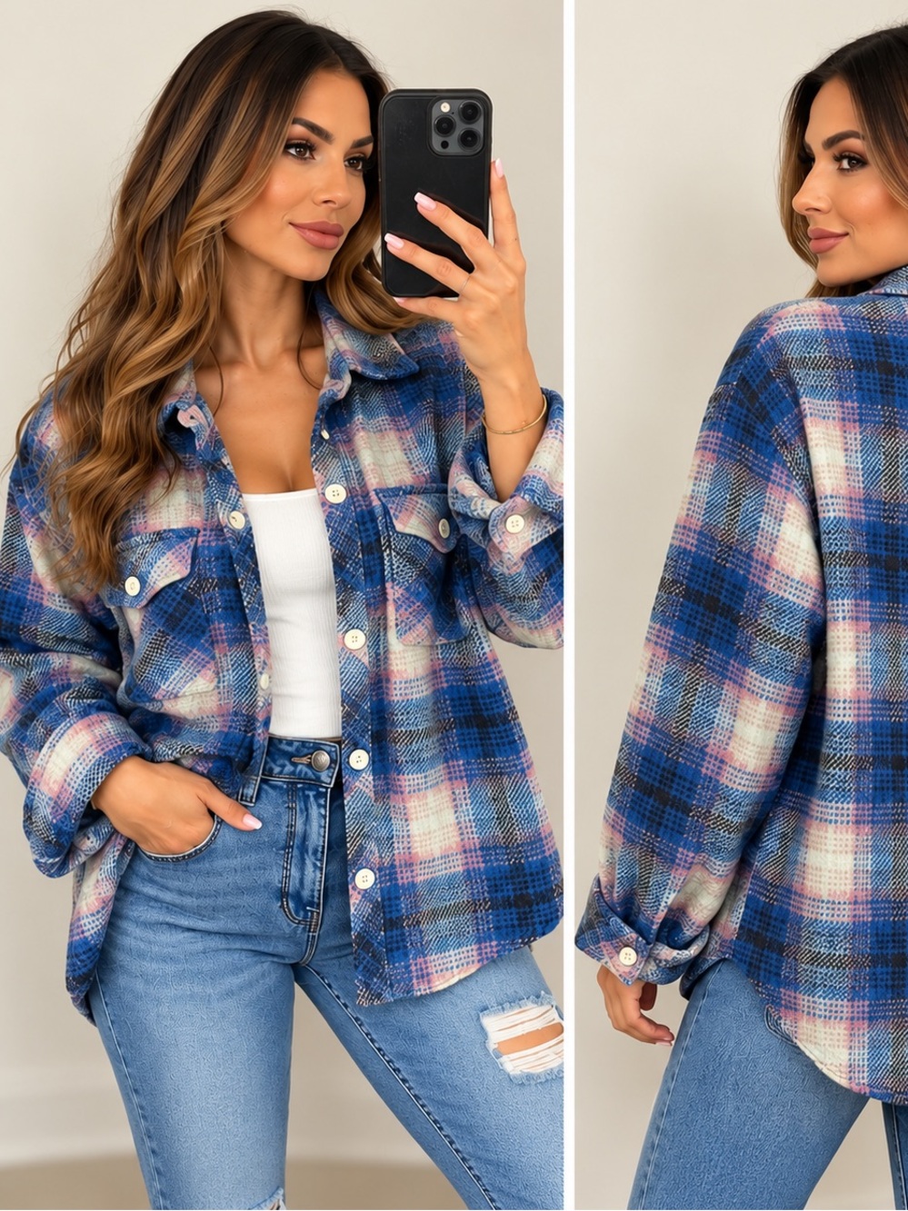 (#10) Thread & Supply Plaid Shacket Oversized Blue Pink NWT Small